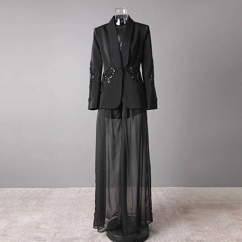 Damen Blazer mit Mesh-Einsätzen und Nagelkette & Chiffonhose mit hoher Taille