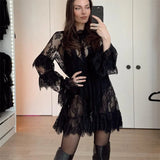 Damen sexy Spitzen-Netzkleid – florales, durchsichtiges Minikleid mit hohem Kragen