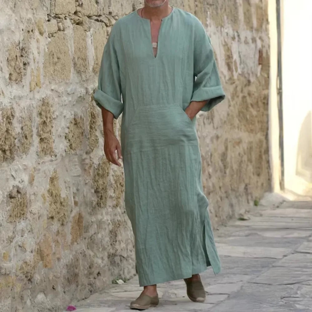 Men’s Long Cotton Linen Jubba Thobe – V-Neck Muslim Arab Islamic Kaftan