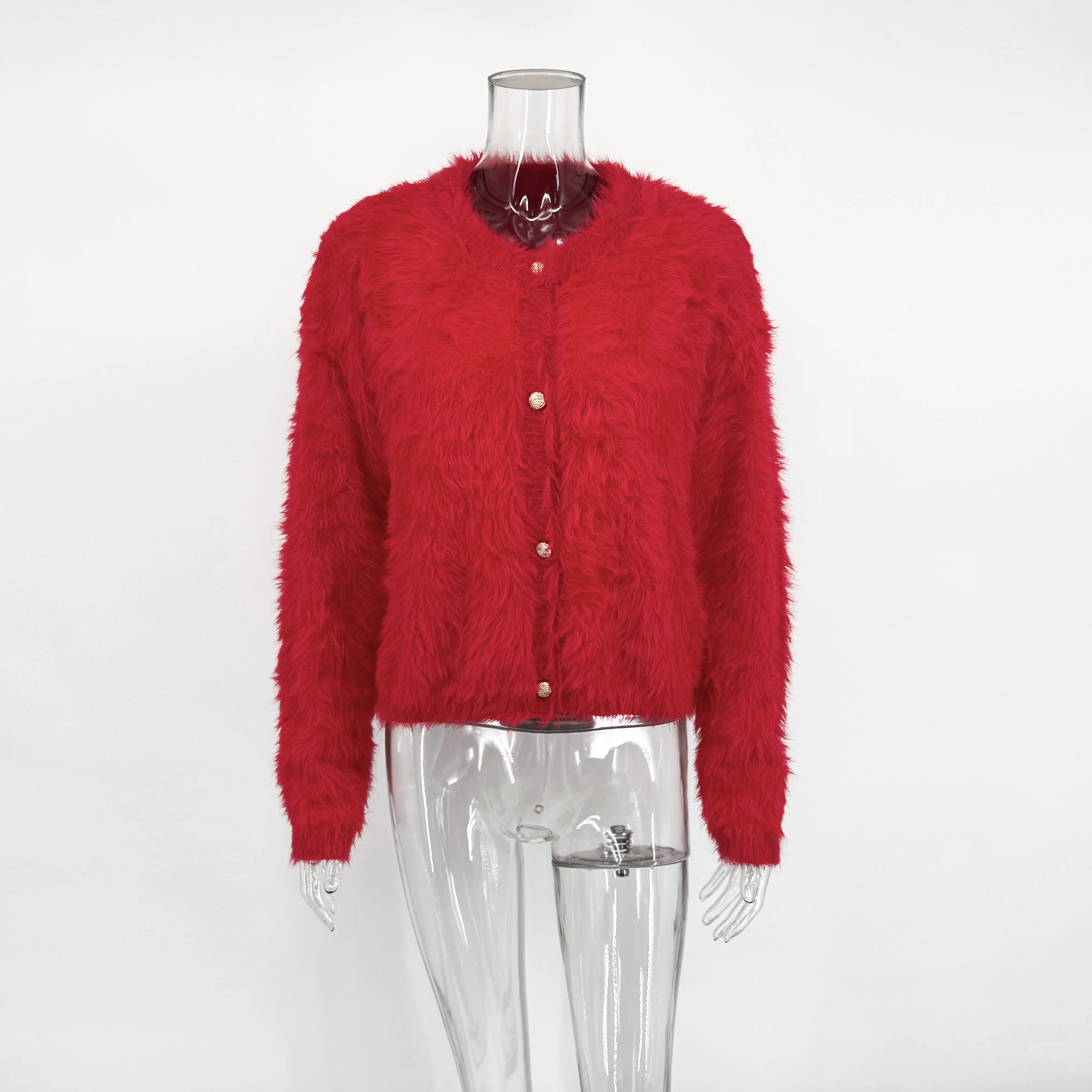 Damen Herbst Winter Plüsch Patchwork Cardigan – Warmer einfarbiger Strickmantel