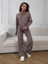 Women’s 2-Piece Ribbed Knit Lounge Set – Trendy Slim Fit Cardigan & Wide Leg Trousers