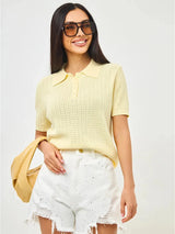 Hollow Lapel Neck Knit Top for Women – Short Sleeve Casual Loose Fit Tee