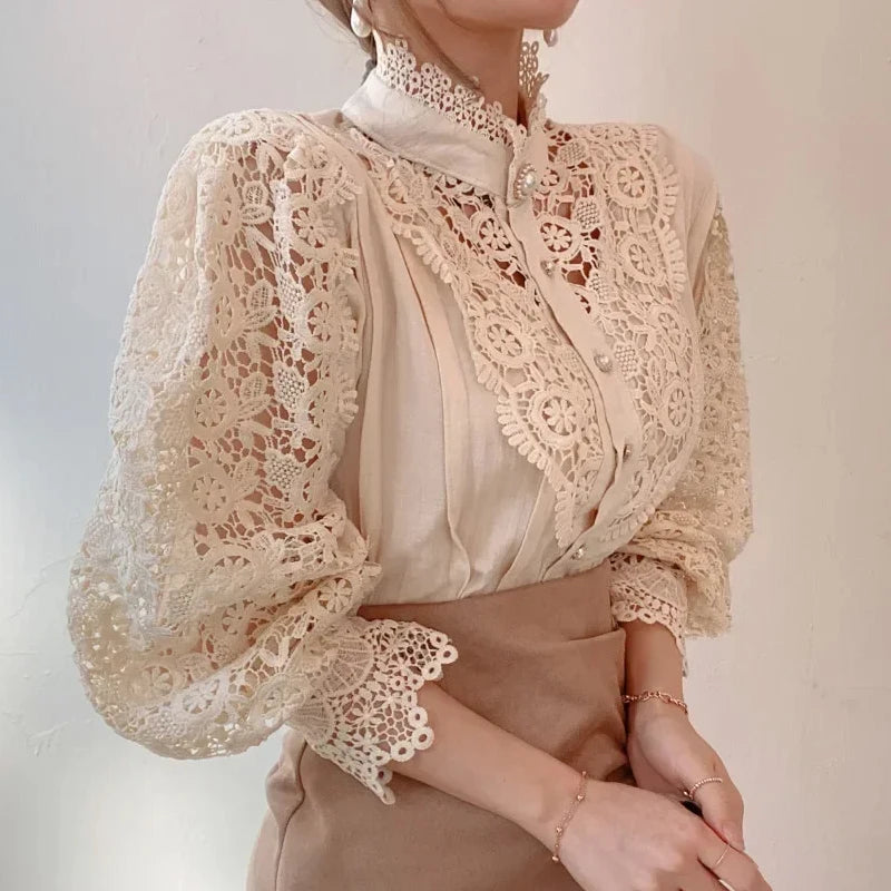 Women’s High Neck Long Sleeve Lace Blouse | Elegant Hollow Paneled Sleeve Top