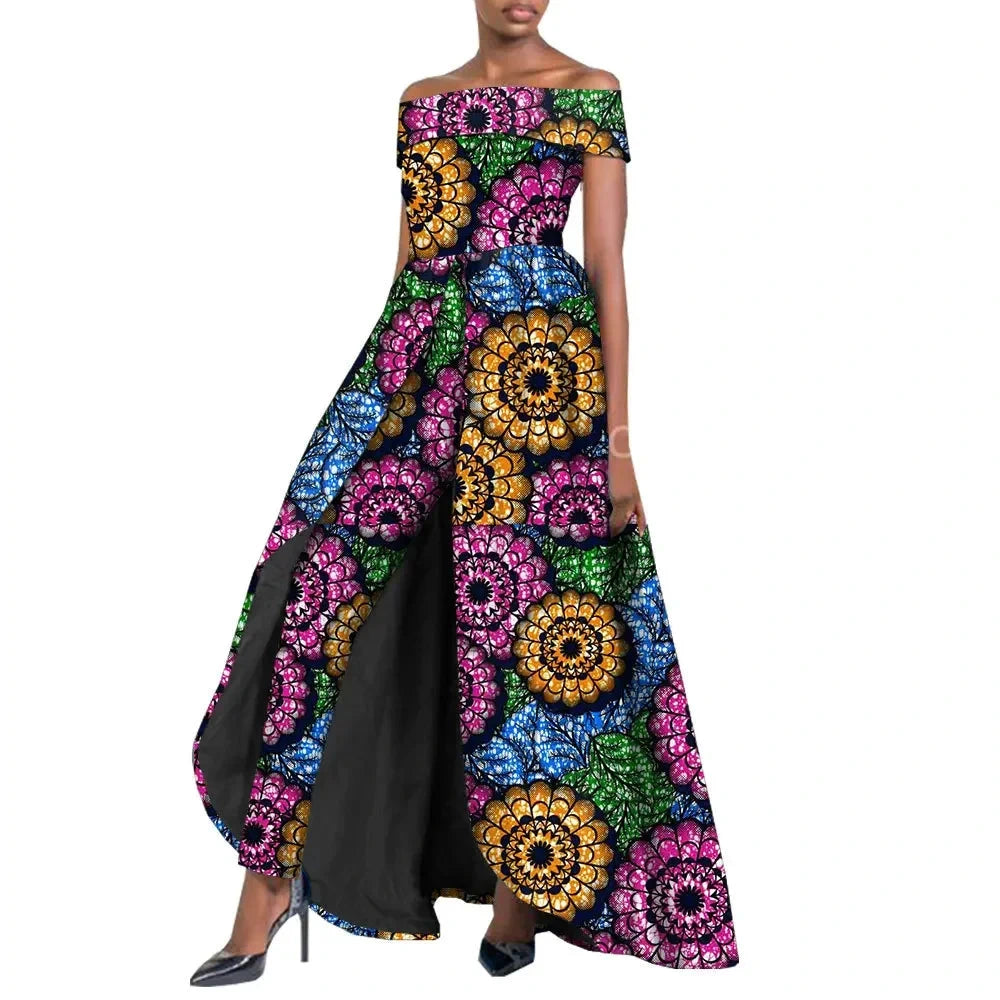 High-Split Long Dress and Ankara Pants, Traditional Dashiki Wax Print Outfit