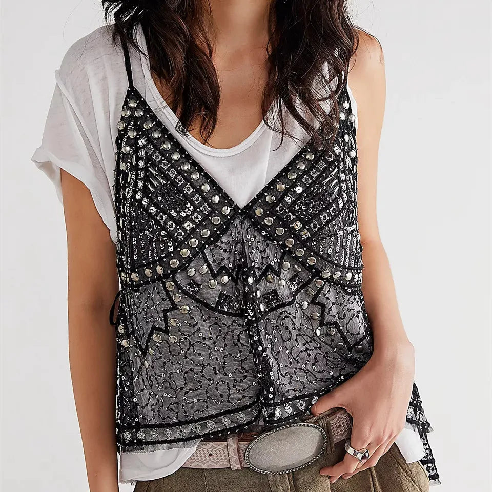 Women’s Y2K Sequin Mesh Tank Top – Glitter Floral Embroidered Cami
