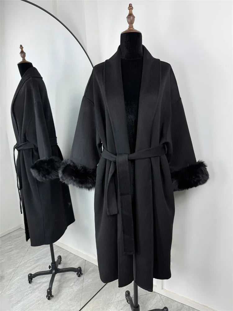 Luxuriöser Fuchsfell-Woll-Wintermantel für Damen – Eleganter doppelseitiger Wollmantel für Frauen,