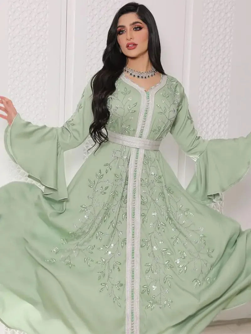 The "Emerald" Royal Abaya: Stunning Diamond-Accented Turkish Gown with Intricate Lace Belt