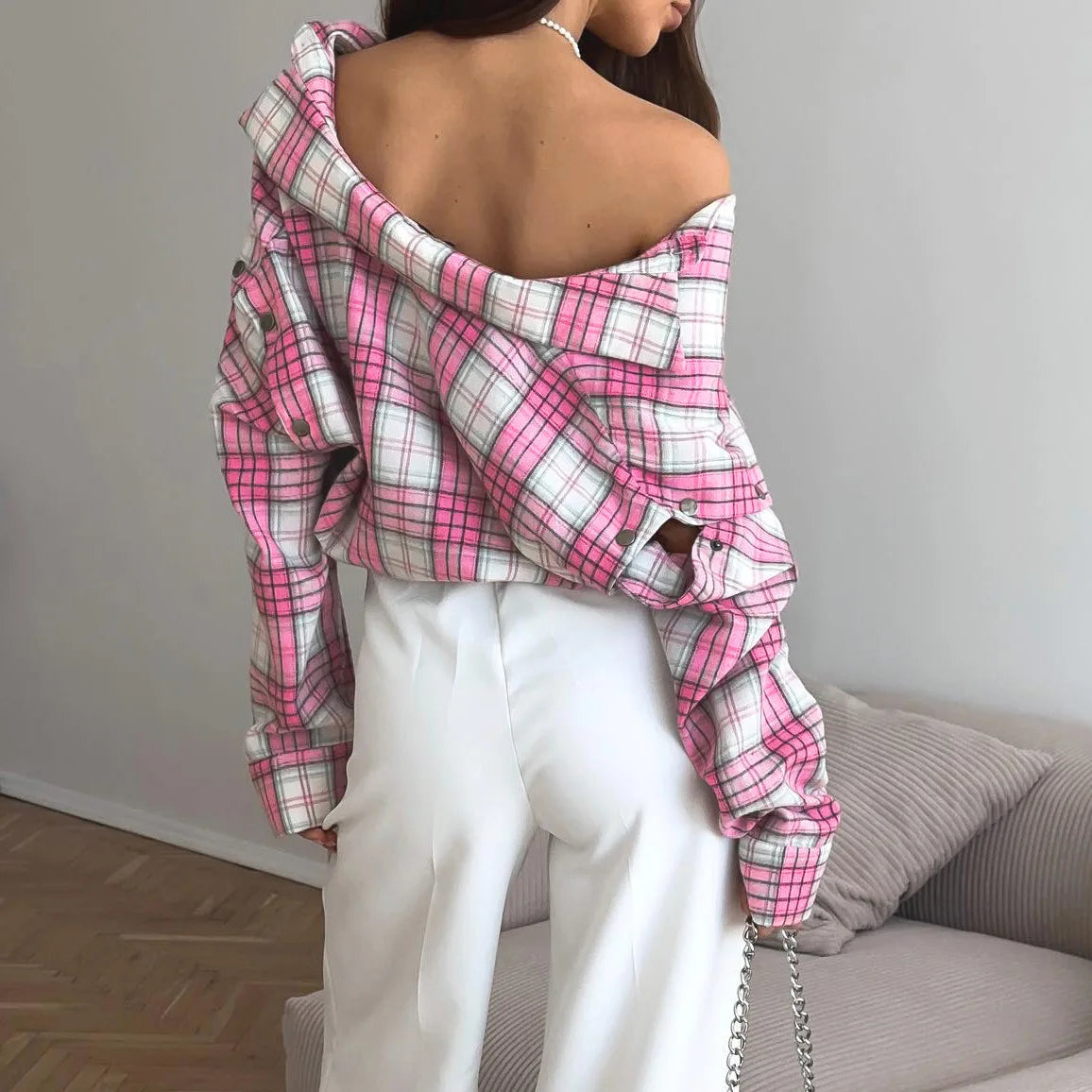Women’s Elegant Patchwork Lapel Top, Loose Contrast Long Sleeve Pink Shirt