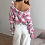 Women’s Elegant Patchwork Lapel Top, Loose Contrast Long Sleeve Pink Shirt
