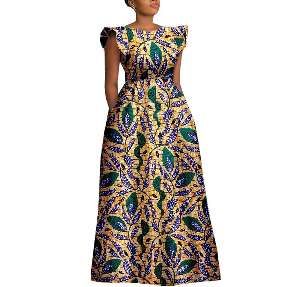 The "Heritage Queen" Floor-Length Gown: Bold Ankara Wax Cotton Dress with Short Sleeves