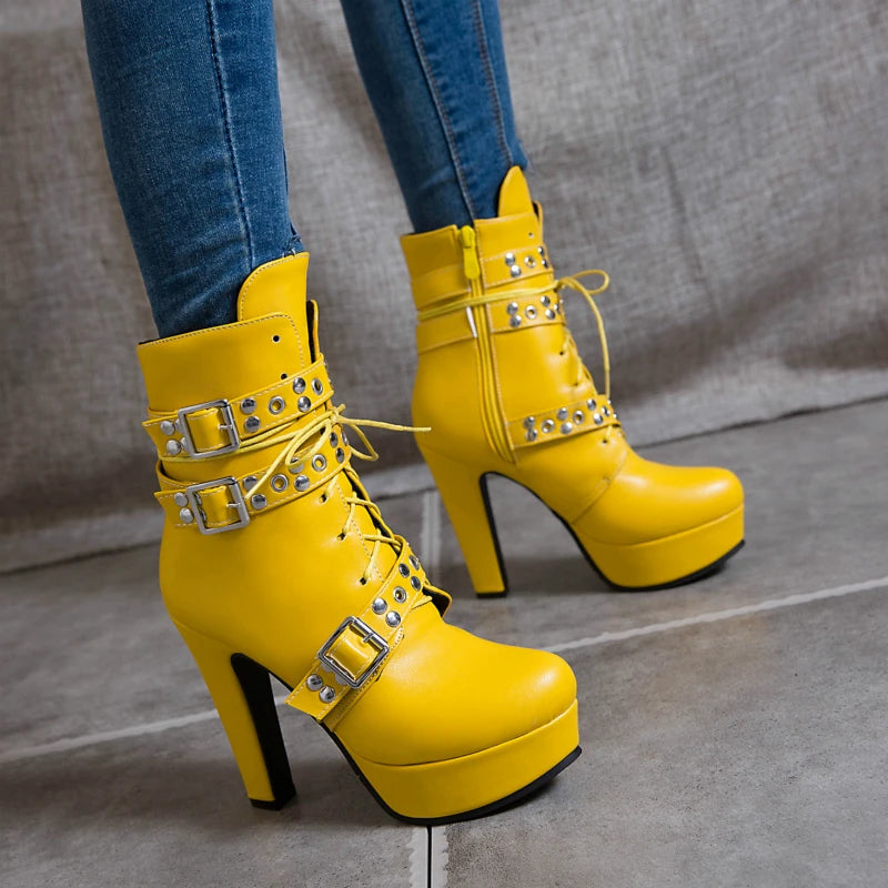 Damen Plateau Stiefeletten elegant mit seitlichem Reißverschluss – Schnür-Stiefeletten mit hohem Absatz