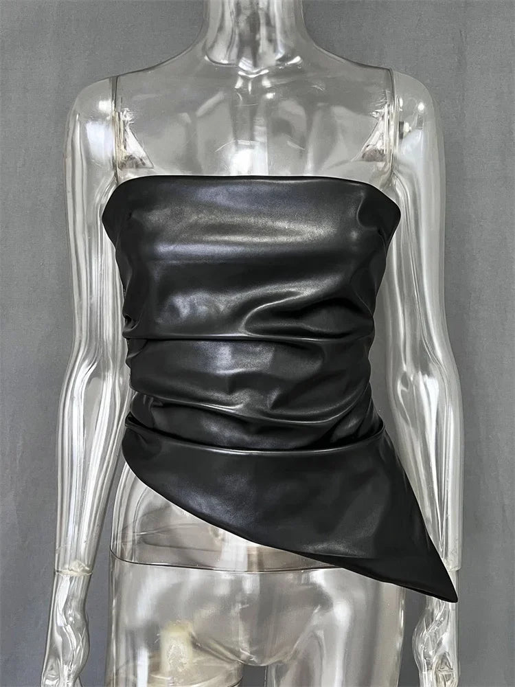 Damen PU-Leder Tube Top rückenfrei schmal geschnittenes Cropped Top