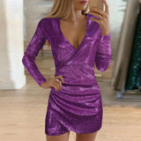 Sexy Pailletten-V-Ausschnitt Bodycon-Kleid für Damen – elegantes durchsichtiges Netzstoff-Minikleid mit langen Ärmeln