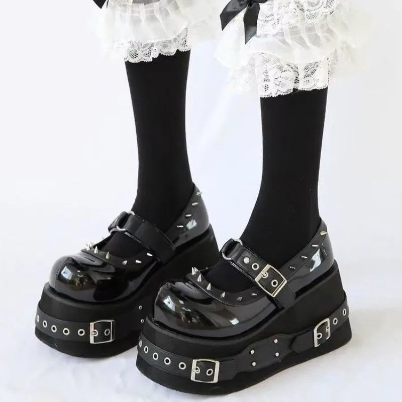 Women’s Kawaii Lolita Platform Mary Janes Cute Rivet Buckle School Shoes