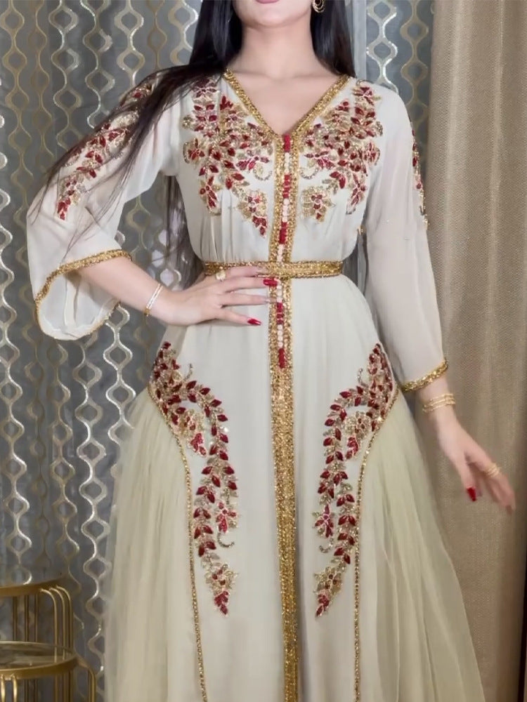 Ivory Turkish Abaya for Women | Red and Gold Embroidered Wedding Dress