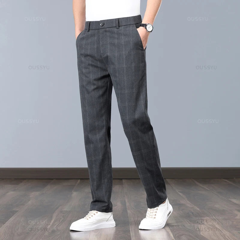 Klassische Herren-Arbeitshose mit Karomuster – Slim Fit Stretch-Businesshose