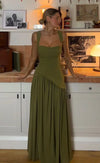 Elegant Green Evening Dress with Scarf – Lace-Up Back High Slit Maxi