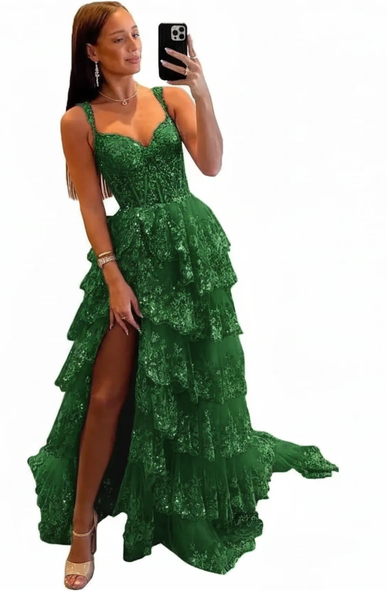 Glitzerndes, gestuftes Spitzen-Tüll-Ballkleid | Langes Korsettkleid mit Spaghettiträgern