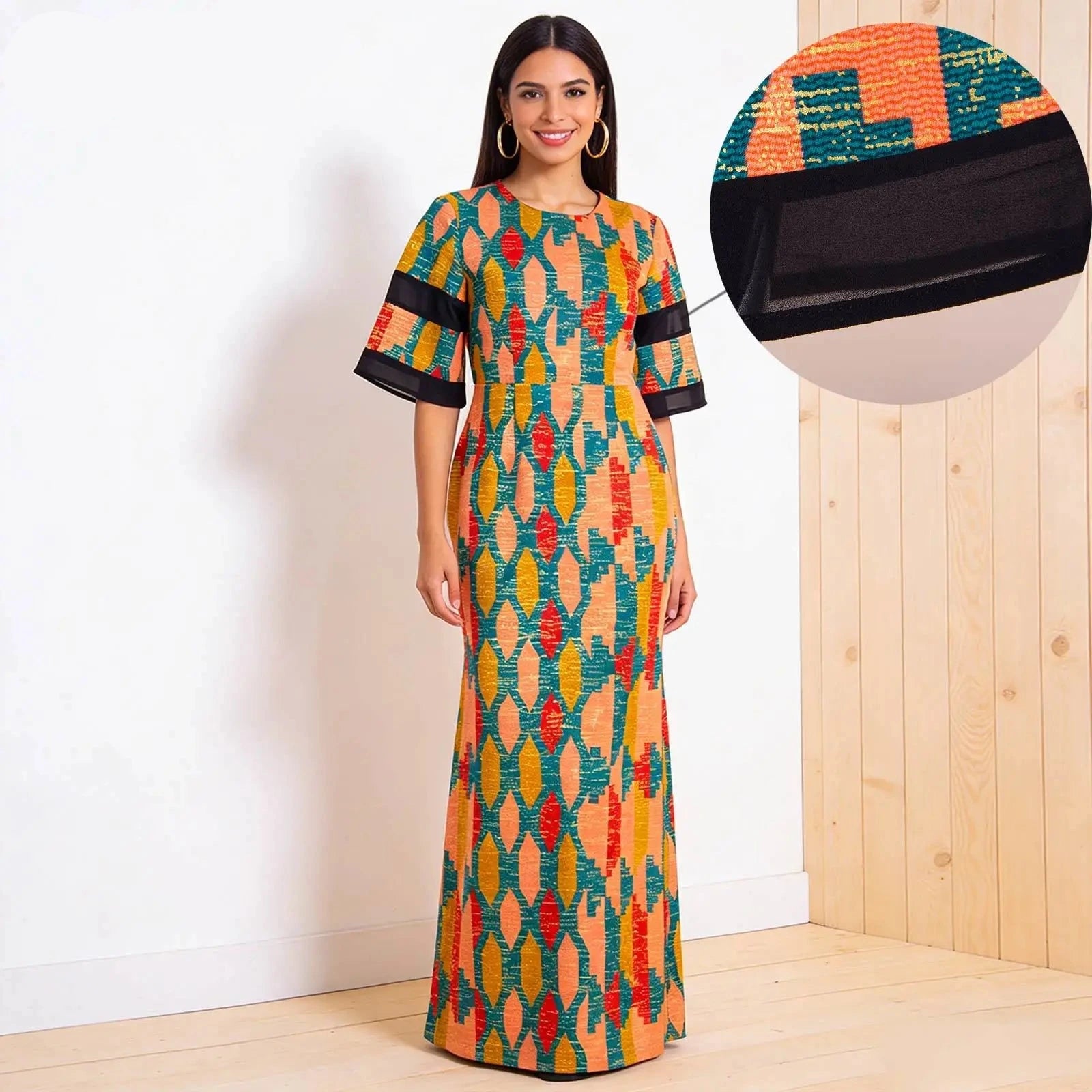 Damen Maxi Bodycon-Kleid mit halbem Ärmel und afrikanischem Dashiki-Print