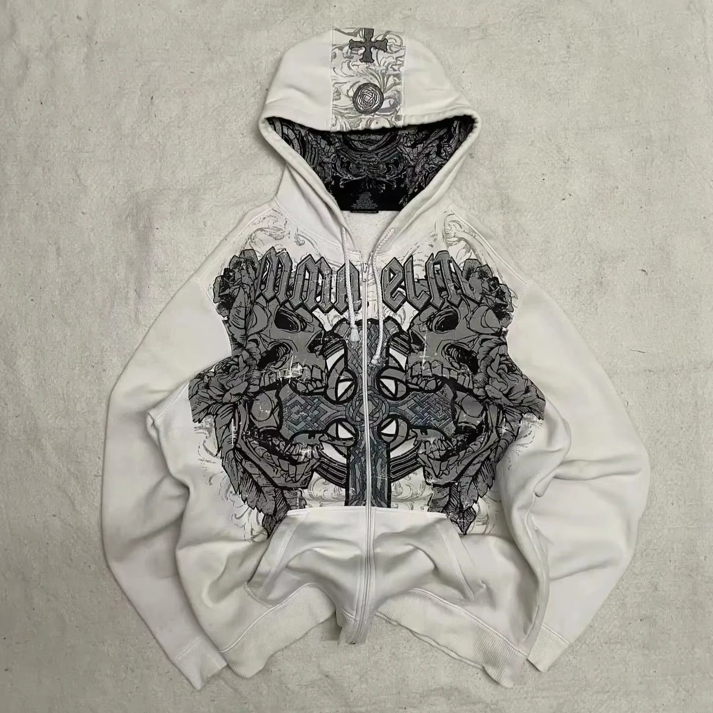 Herren Y2K Gothic Oversized Kapuzenjacke mit Reißverschluss – Amerikanisches Mode-Muster-Print, Harajuku Hip Hop Kapuzenpullover