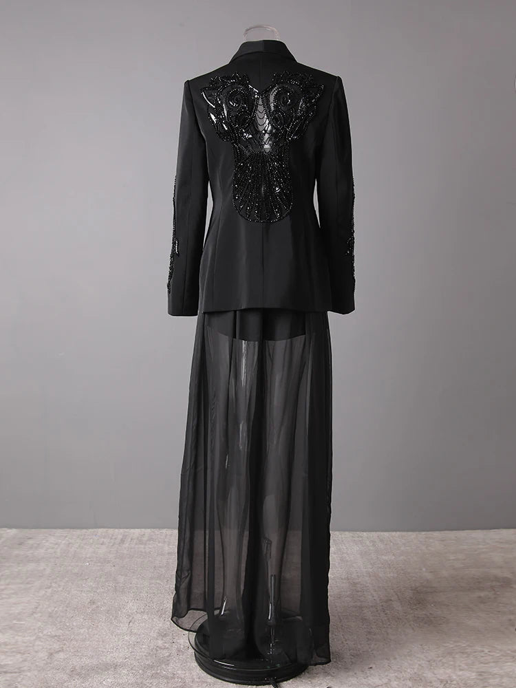 Damen Blazer mit Mesh-Einsätzen und Nagelkette & Chiffonhose mit hoher Taille