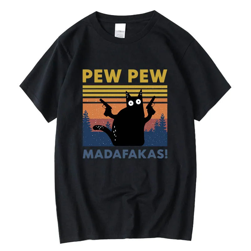 Baumwolle Kurzarm Pew Pew Madafakas Lustige Katze T-Shirt – Neuheit Grafik-T-Shirt für Herren