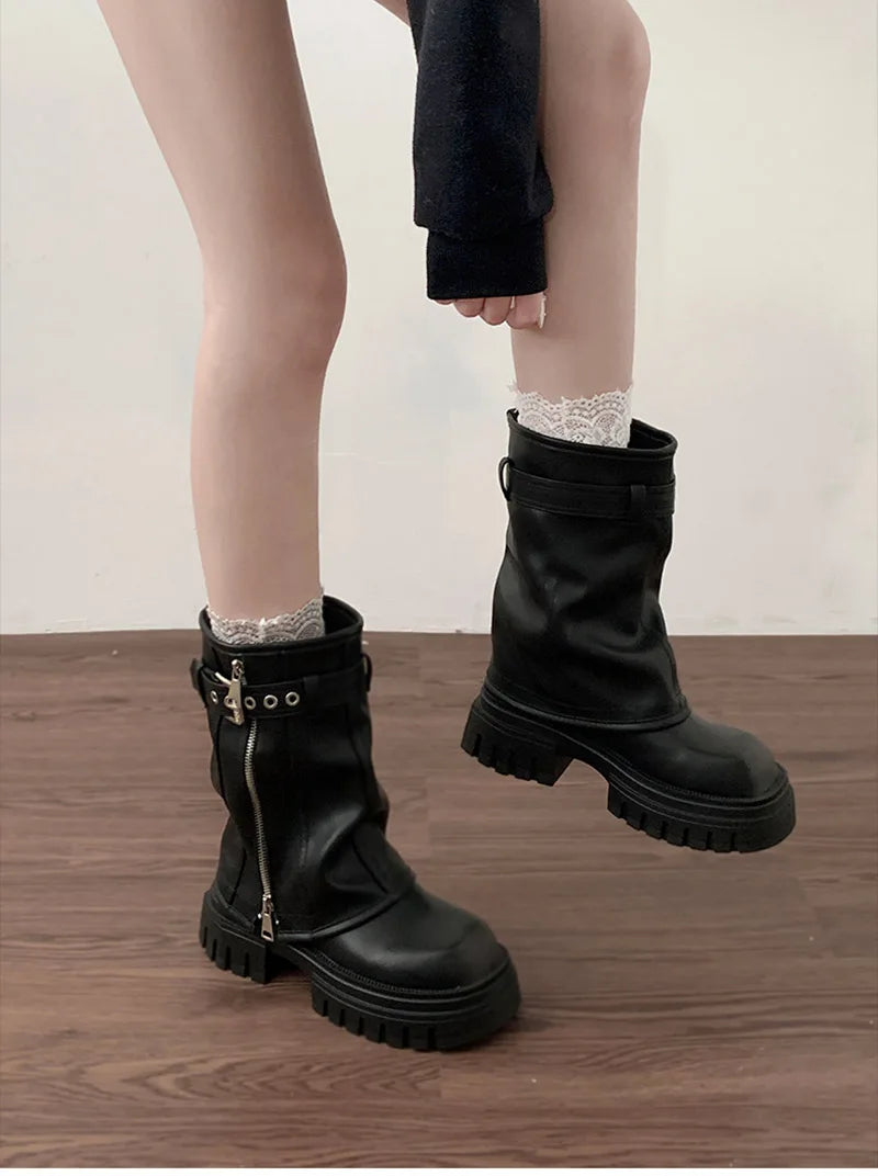Damen Winter Biker Boots – Elegante Plateau Flache Mode Gürtelschnalle Knight Boots