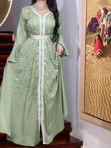 The "Emerald" Royal Abaya: Stunning Diamond-Accented Turkish Gown with Intricate Lace Belt