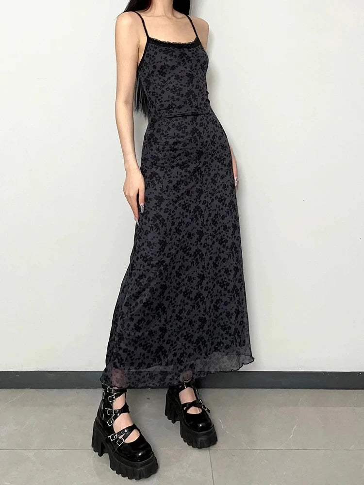 Gothic Bohemian Printed Dress | Vintage Grunge Printed Black Y2K Long Dress