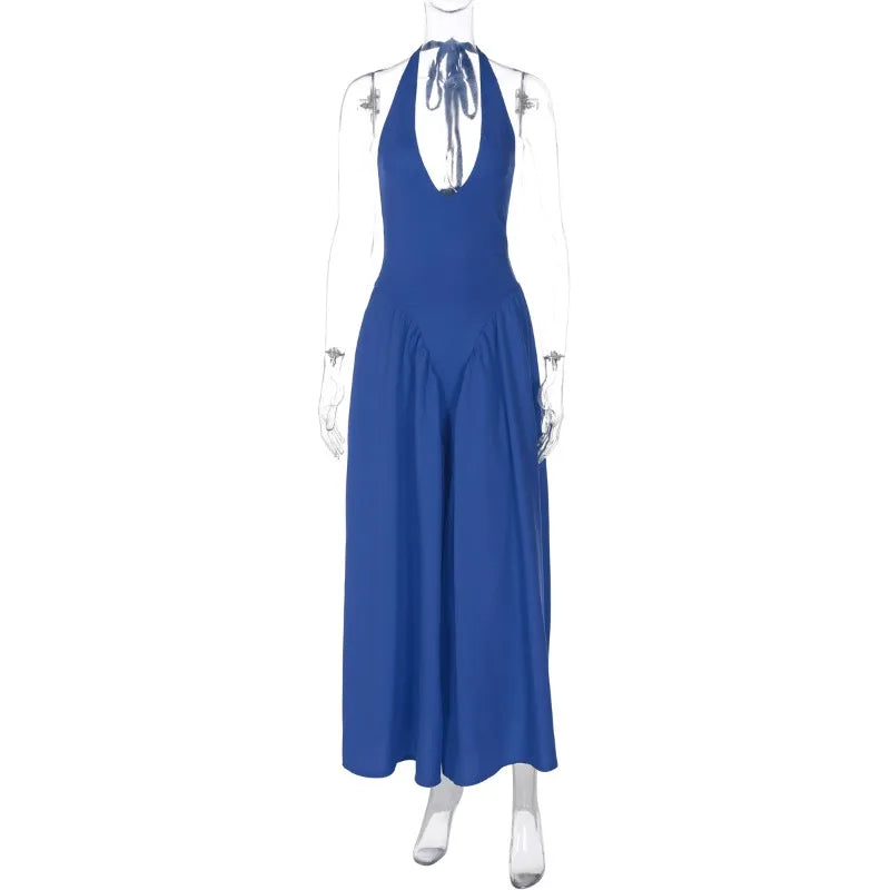 Women’s Sexy Backless Deep V-Neck Maxi Dress – Spliced Halter Sleeveless Dress