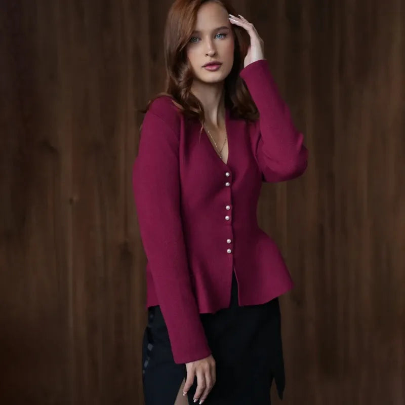 Women’s Ruffled Knit Cardigan – Elegant V-Neck Slim Fit Sweater