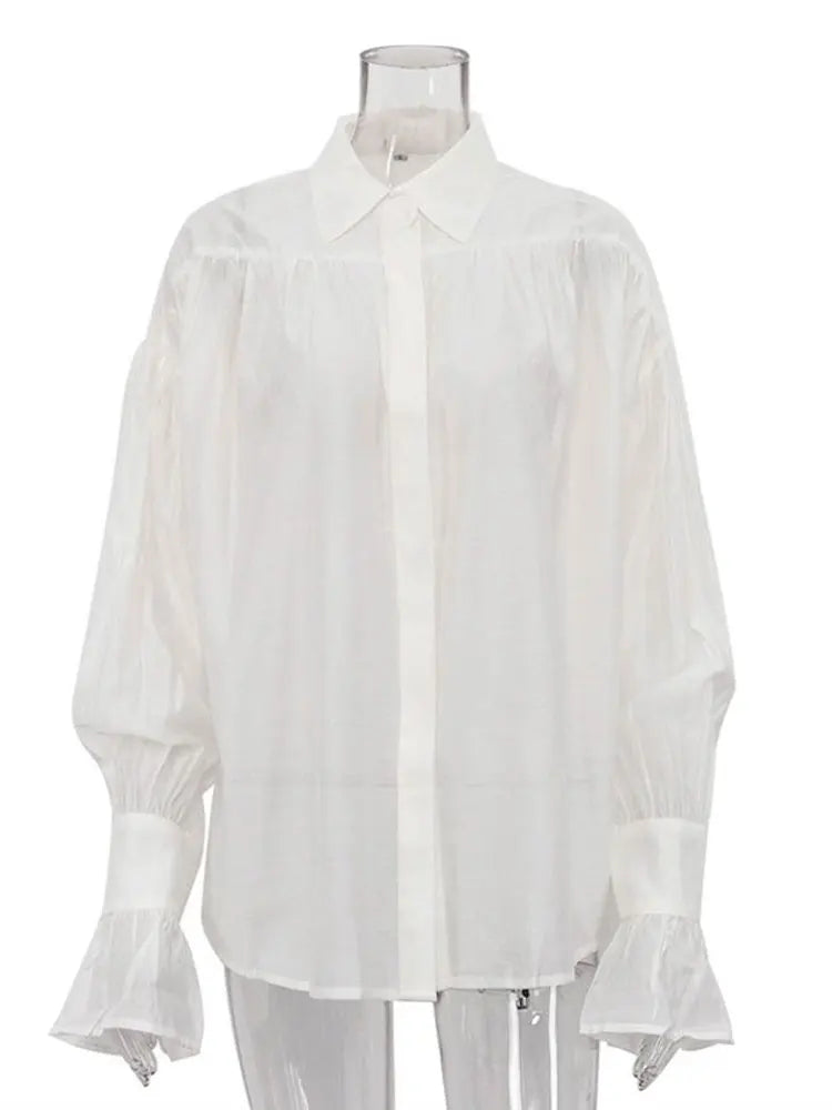 Casual Loose See-Through Shirt – Women’s Autumn Lapel Long Sleeve Blouse