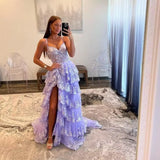 Glitzerndes, gestuftes Spitzen-Tüll-Ballkleid | Langes Korsettkleid mit Spaghettiträgern