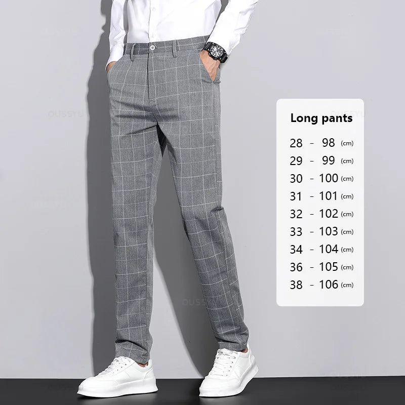 Men’s High-Quality Plaid & Stripe Trousers – Business Formal Suit Pants, Ankle & Full Length Straight Slacks