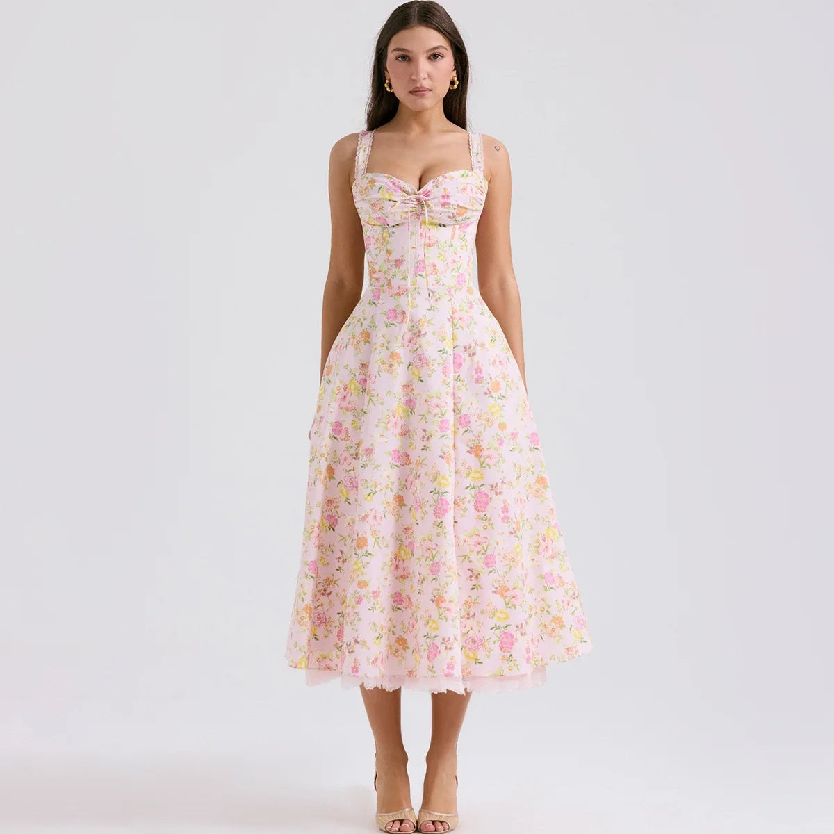 Women's Elegant Pink Floral Print Corset Dress