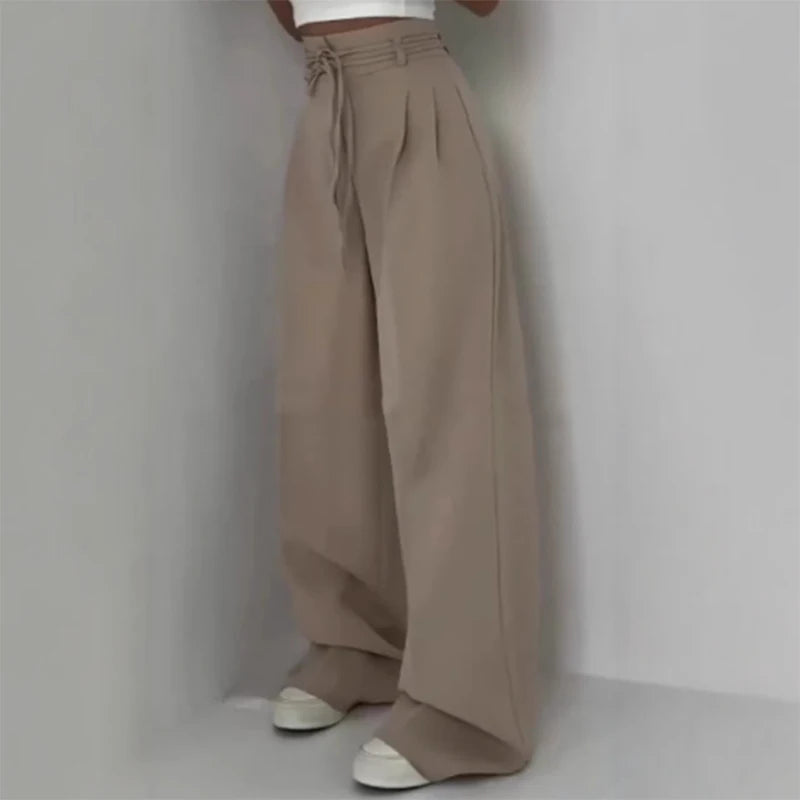 Women’s Y2K Wide Leg Long Pants – Elegant High Waist Double Drawstring Baggy Trouser