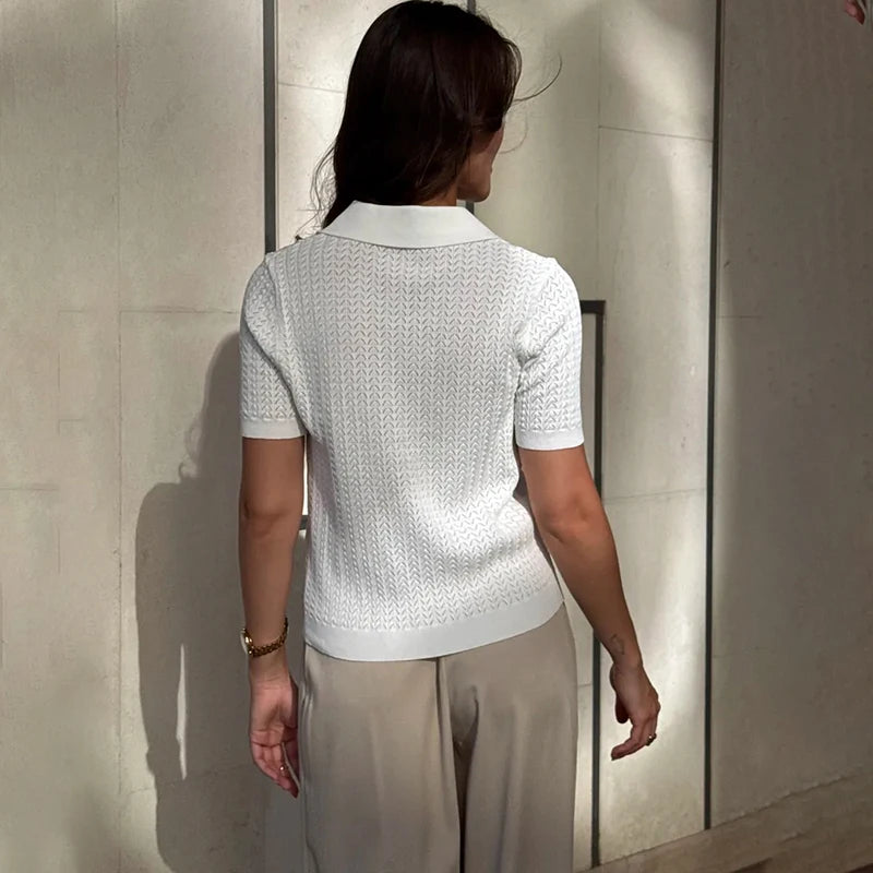 Hollow Lapel Neck Knit Top for Women – Short Sleeve Casual Loose Fit Tee