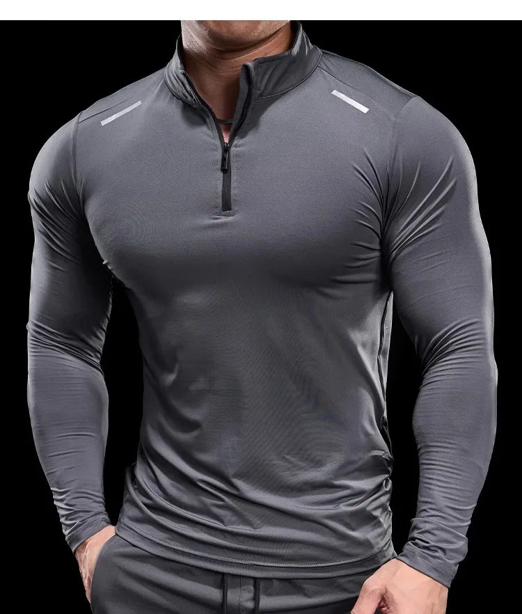Herren Langarm-Stehkragen-Trainingsshirt mit halbem Reißverschluss