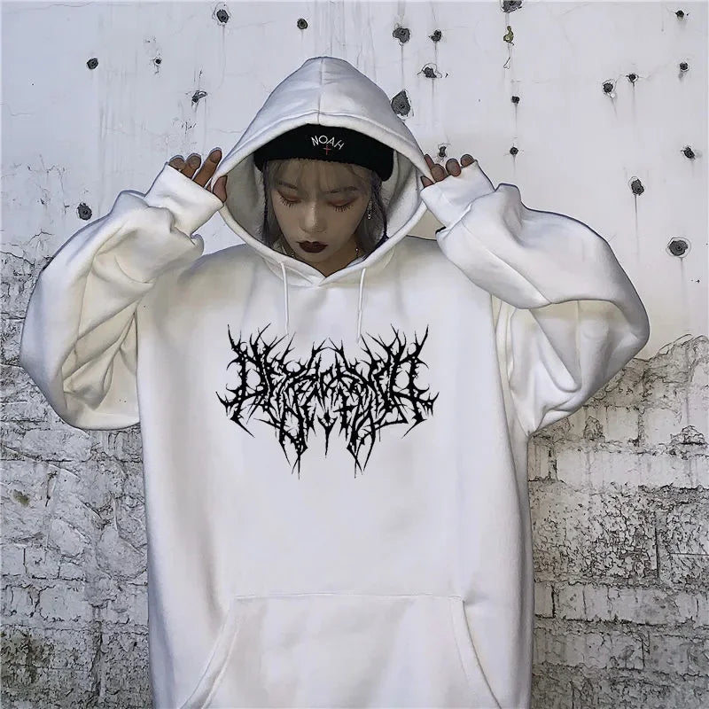 Vintage Y2K Gothic Print Hoodie für Damen | Locker geschnittenes Streetwear Langarm Sweatshirt