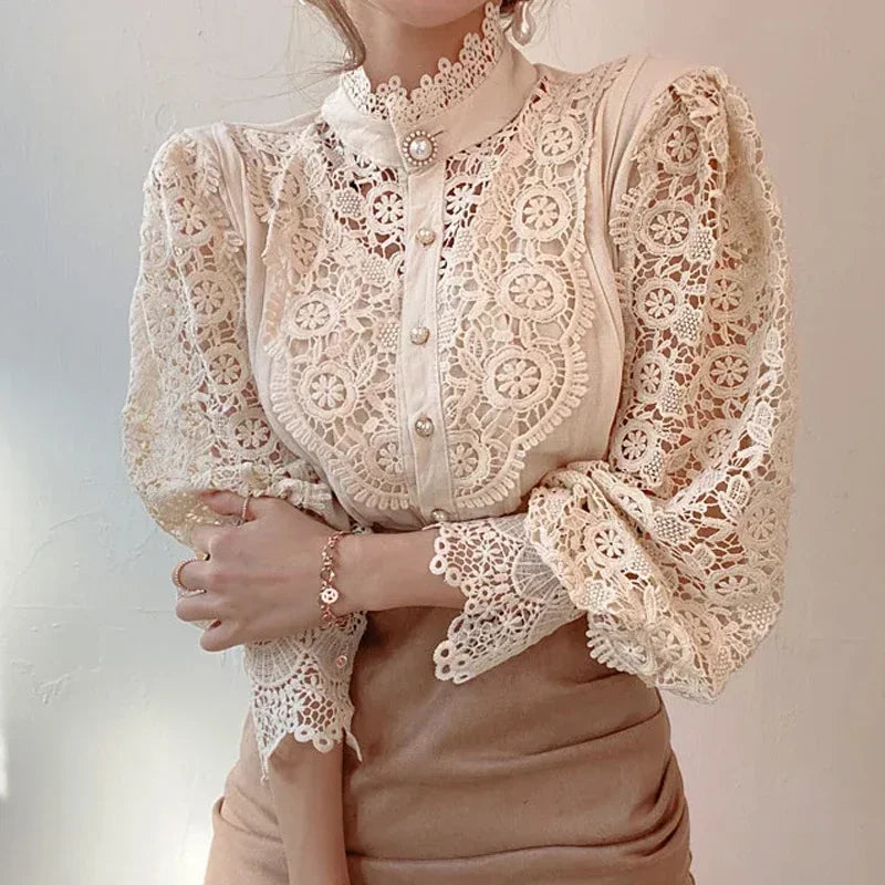 Women’s High Neck Long Sleeve Lace Blouse | Elegant Hollow Paneled Sleeve Top