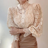 Women’s High Neck Long Sleeve Lace Blouse | Elegant Hollow Paneled Sleeve Top