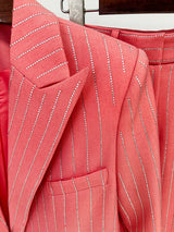 Women’s High-End Designer Suit Set – Single Button Blazer with Diamond Shape Striping & High Waist Pants