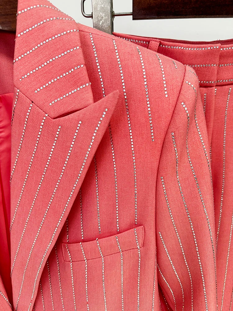 Women’s High-End Designer Suit Set – Single Button Blazer with Diamond Shape Striping & High Waist Pants