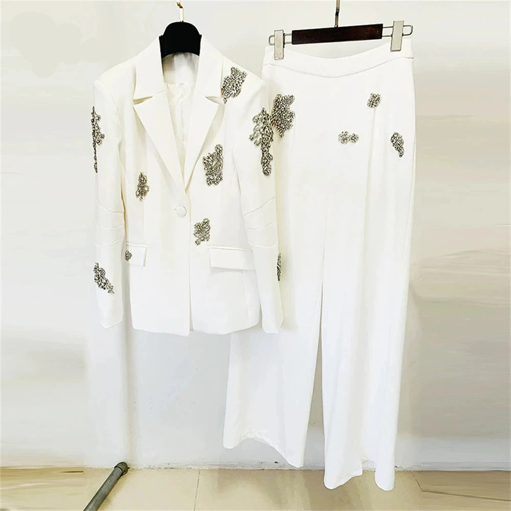 2tlg. Anzug-Set für Damen – Schmal geschnittener Smoking mit Strasssteinen – Elegantes Geschäfts-Dinner-Outfit