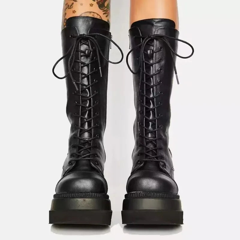 Women’s Black Gothic Platform Mid-Calf Flat Combat Motorcycle Boots