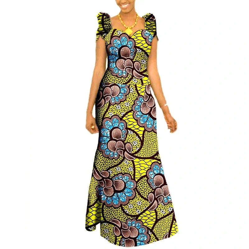Afrikanisches langes Maxikleid für Damen |Kurzarm-Kleid aus Ankara-Stoff