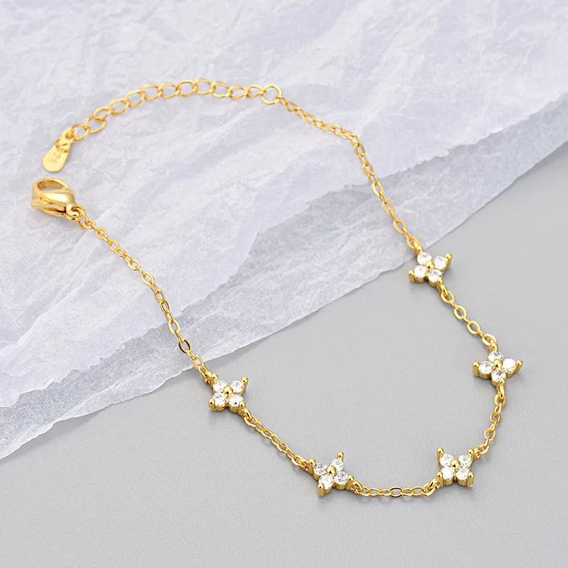 925 Silver Plated Four-Leaf Flower Bracelet - Shiny CZ Zircon Floral Link Chain