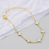 925 Silver Plated Four-Leaf Flower Bracelet - Shiny CZ Zircon Floral Link Chain