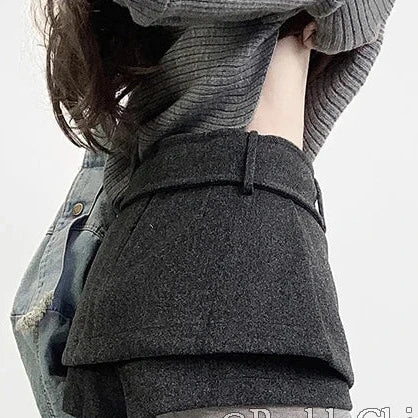 Women’s Low-Rise Tweed Skort with Belt | Gray Retro A-Line Wrap Skirt