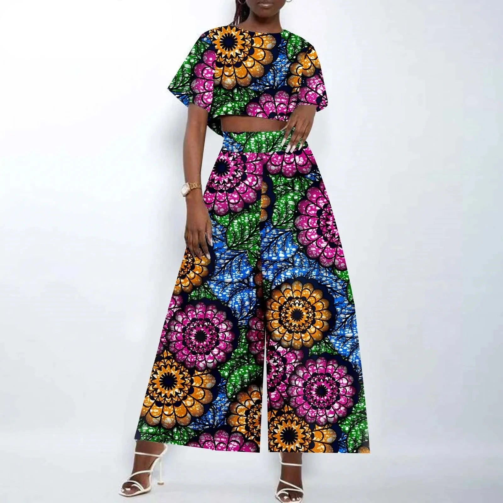 Afrikanisches zweiteiliges Ankara-Outfit für Damen | Crop Top und weite Hose